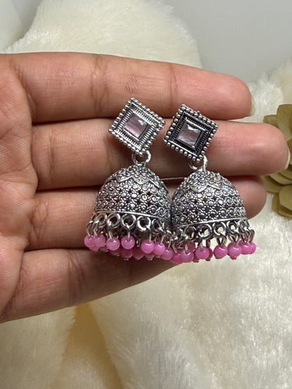 Oxidised Square Stone Jhumka Earrings
