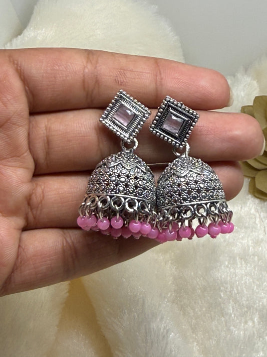 Oxidised Square Stone Jhumka Earrings