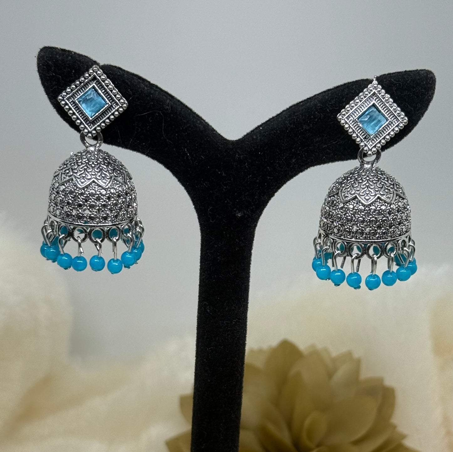 Oxidised Square Stone Jhumka Earrings