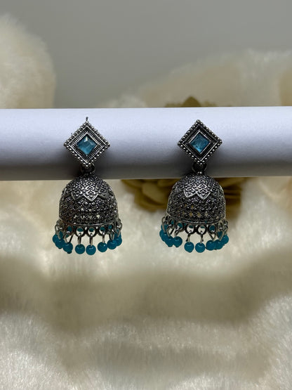 Oxidised Square Stone Jhumka Earrings
