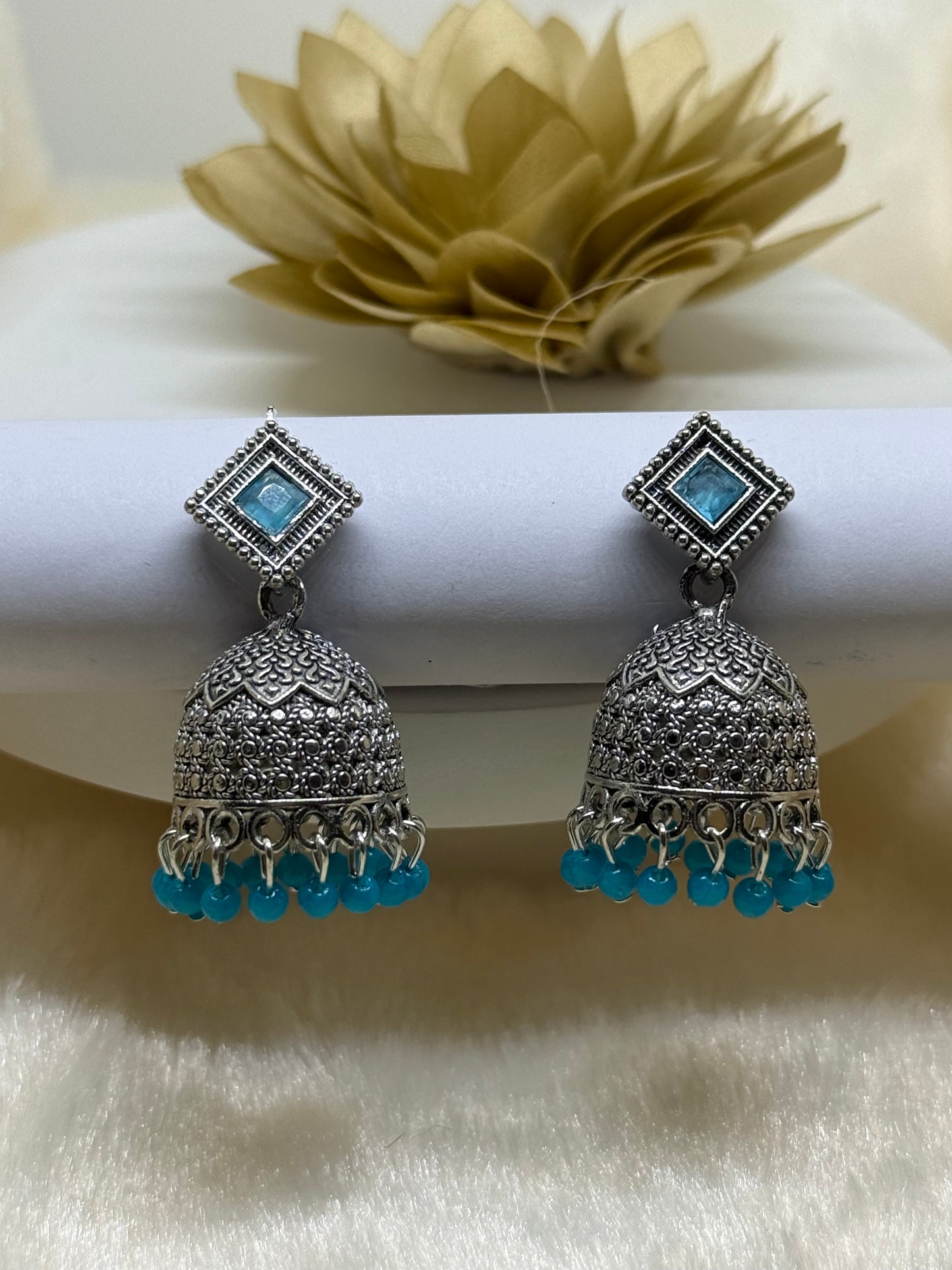 Oxidised Square Stone Jhumka Earrings