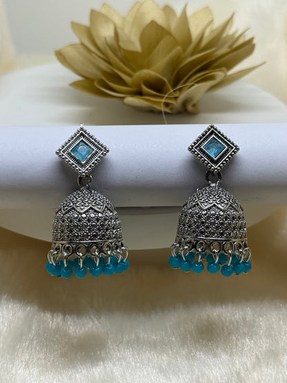 Oxidised Square Stone Jhumka Earrings