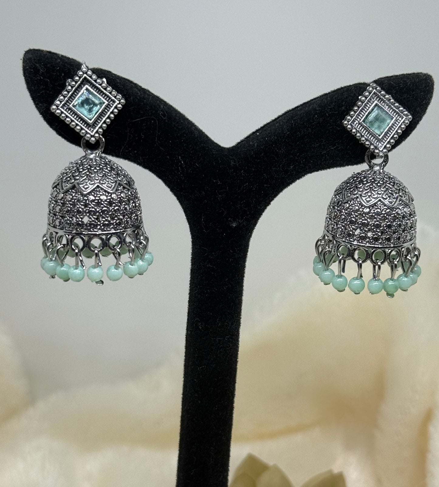 Oxidised Square Stone Jhumka Earrings