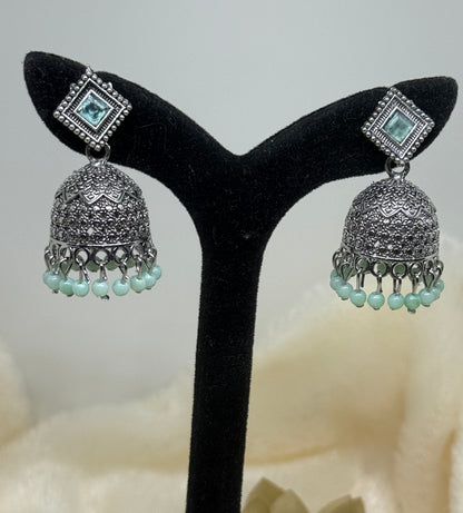Oxidised Square Stone Jhumka Earrings