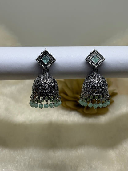 Oxidised Square Stone Jhumka Earrings