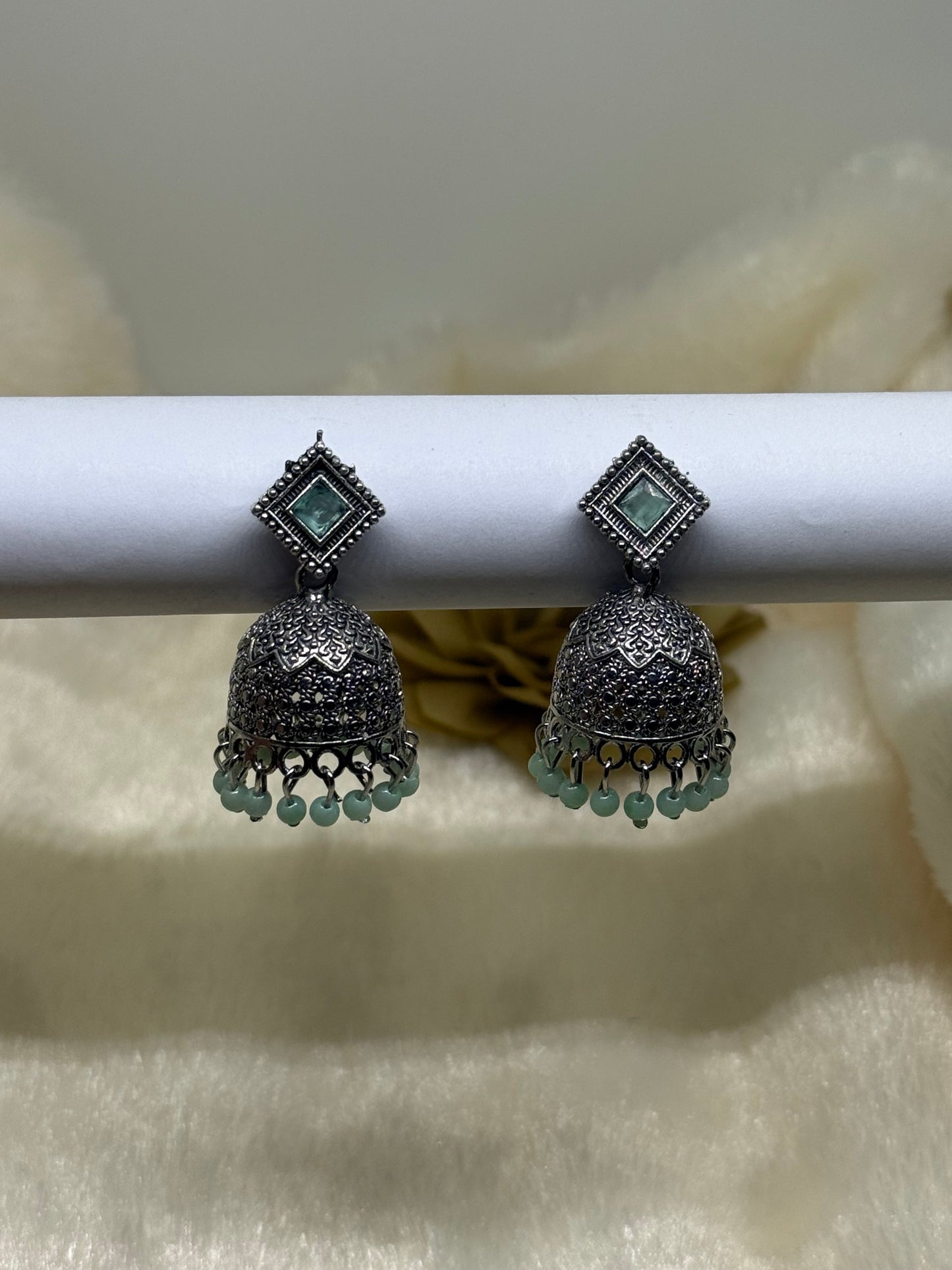 Oxidised Square Stone Jhumka Earrings