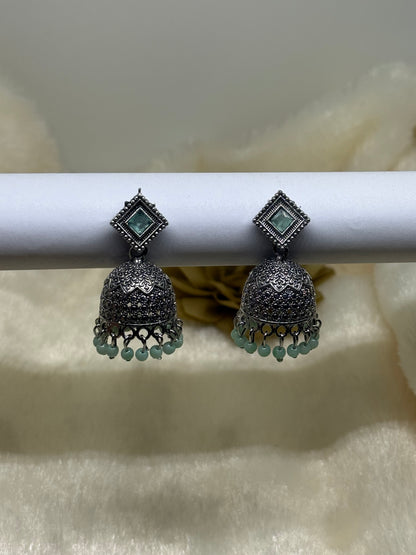 Oxidised Square Stone Jhumka Earrings