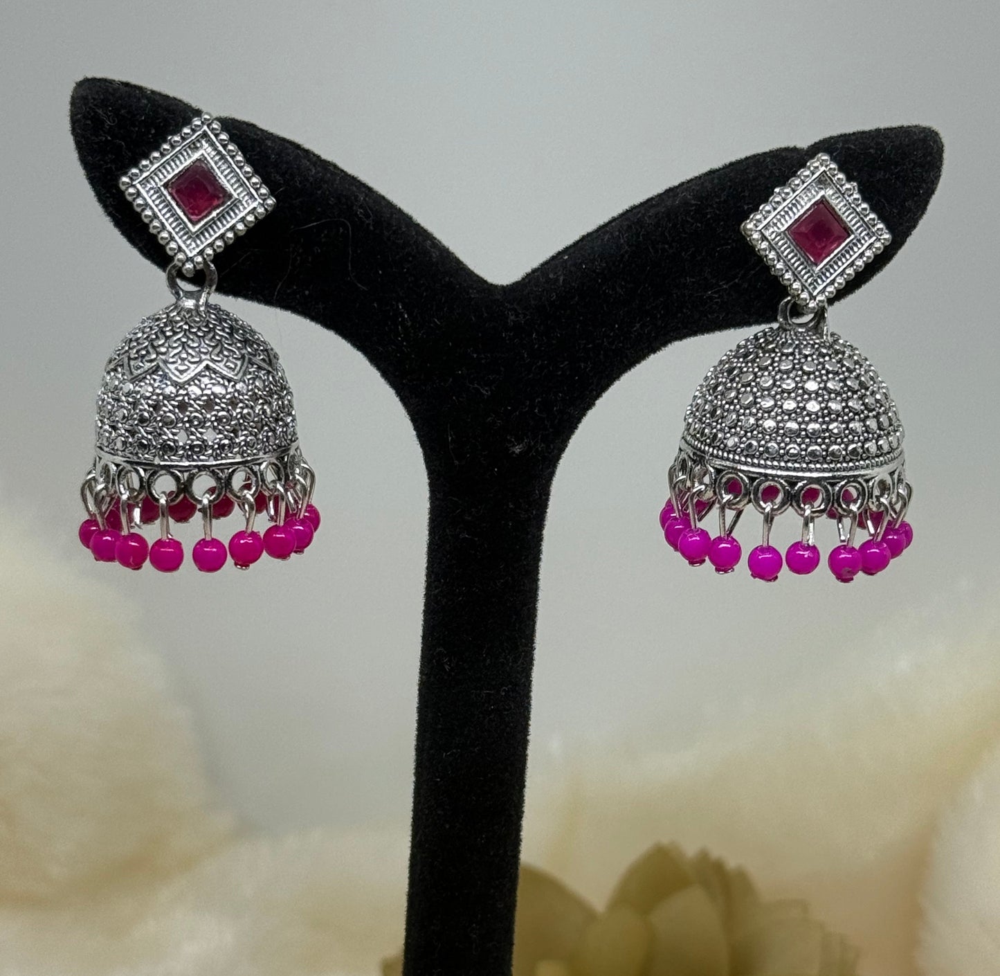 Oxidised Square Stone Jhumka Earrings