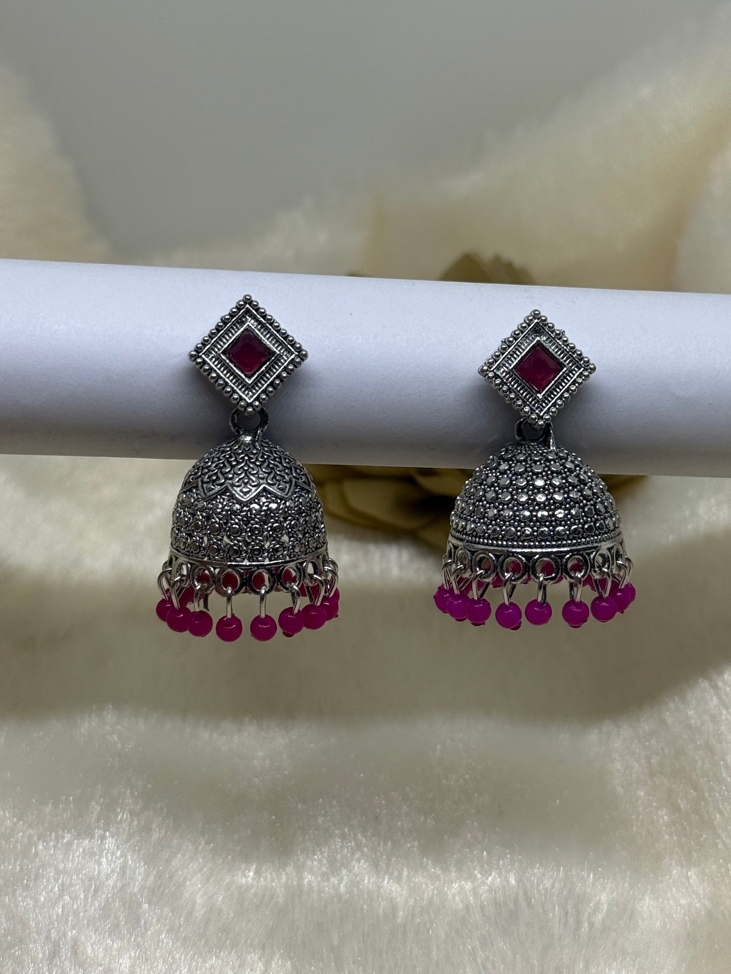 Oxidised Square Stone Jhumka Earrings