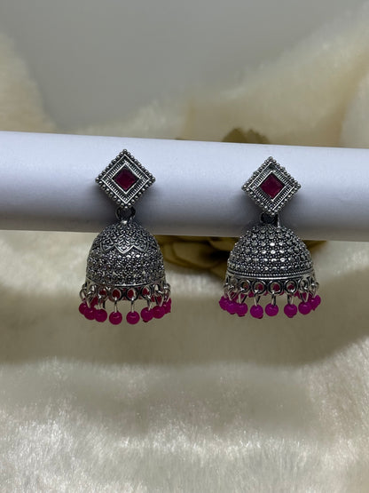 Oxidised Square Stone Jhumka Earrings