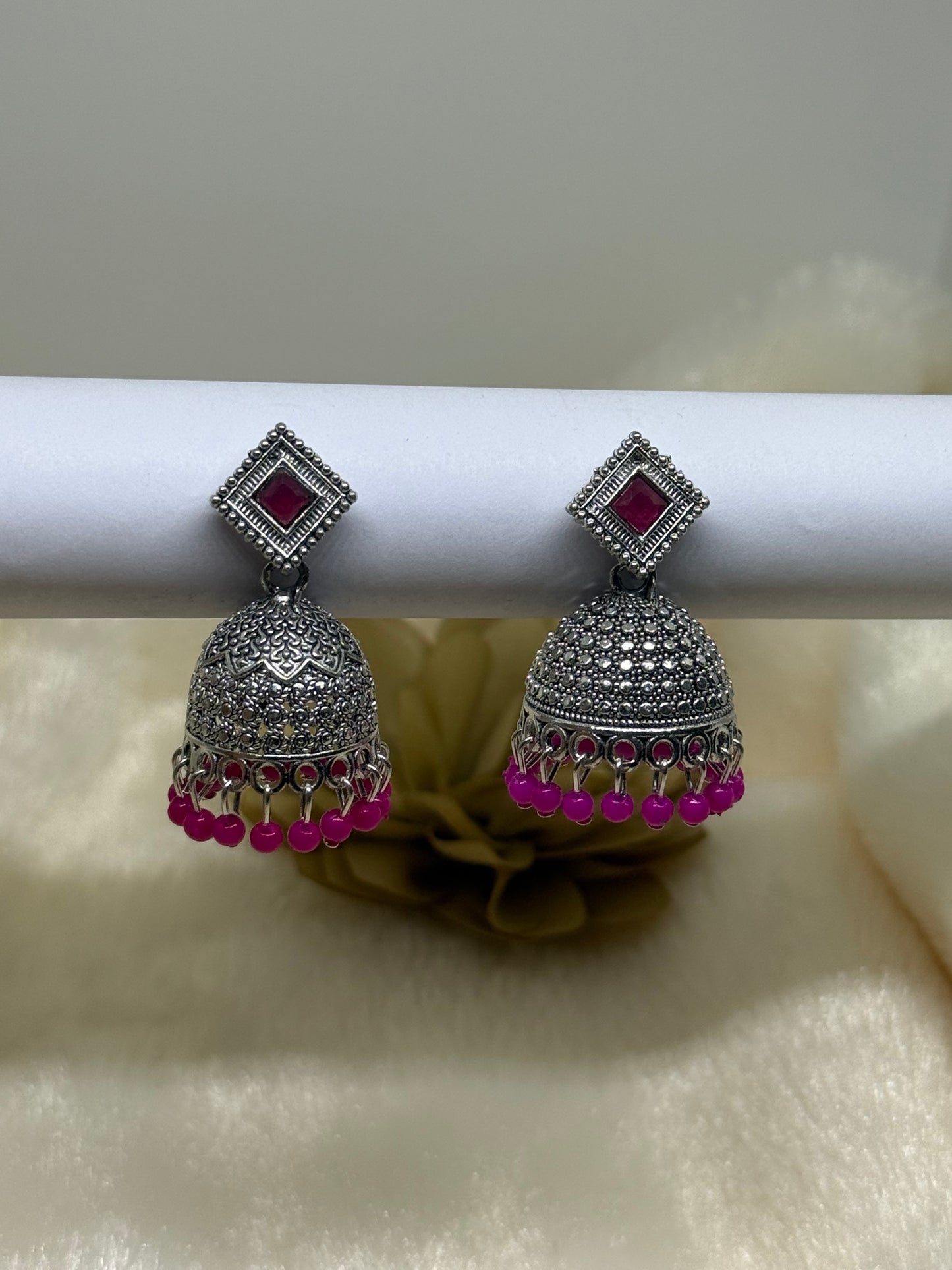 Oxidised Square Stone Jhumka Earrings