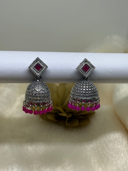 Oxidised Square Stone Jhumka Earrings