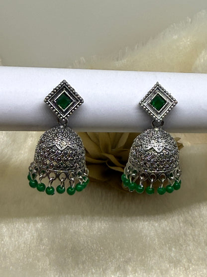 Oxidised Square Stone Jhumka Earrings