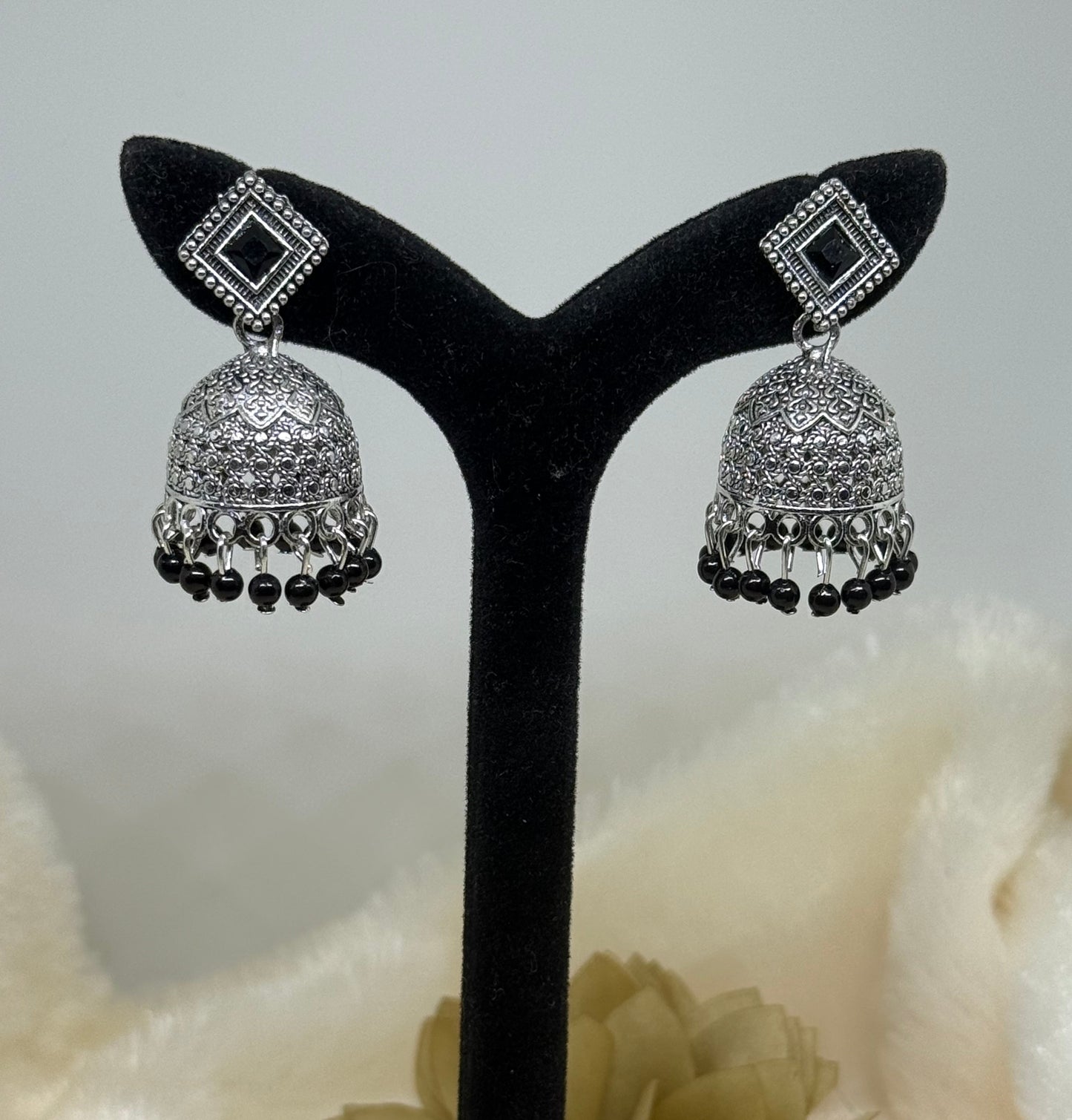 Oxidised Square Stone Jhumka Earrings