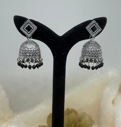 Oxidised Square Stone Jhumka Earrings