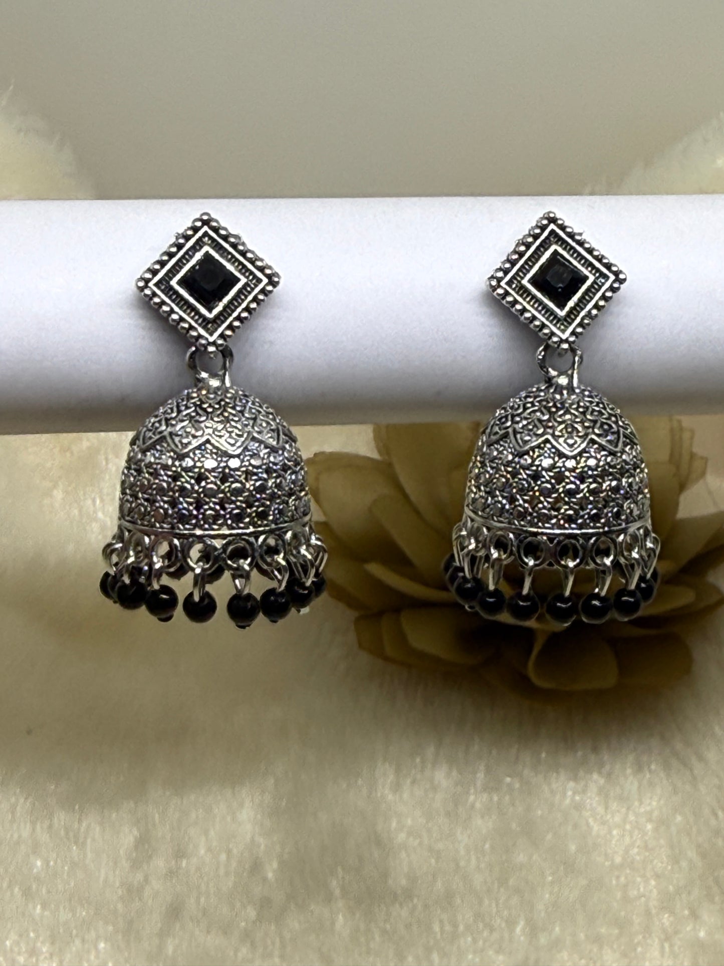 Oxidised Square Stone Jhumka Earrings