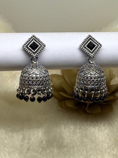 Oxidised Square Stone Jhumka Earrings