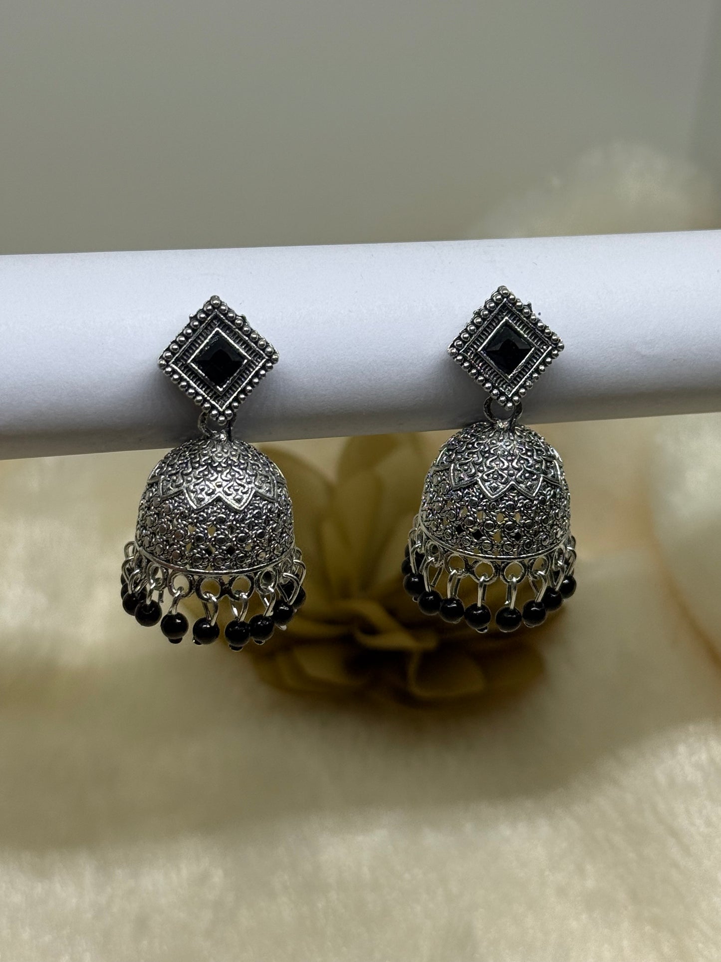 Oxidised Square Stone Jhumka Earrings