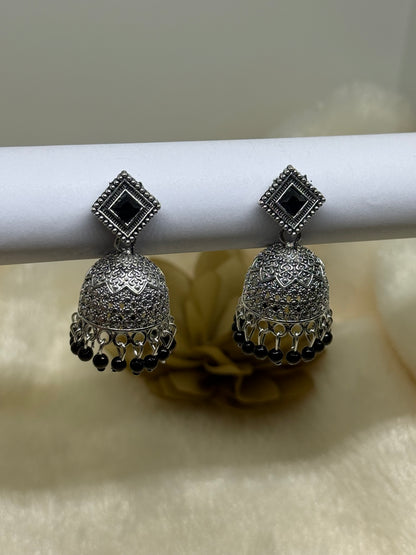 Oxidised Square Stone Jhumka Earrings