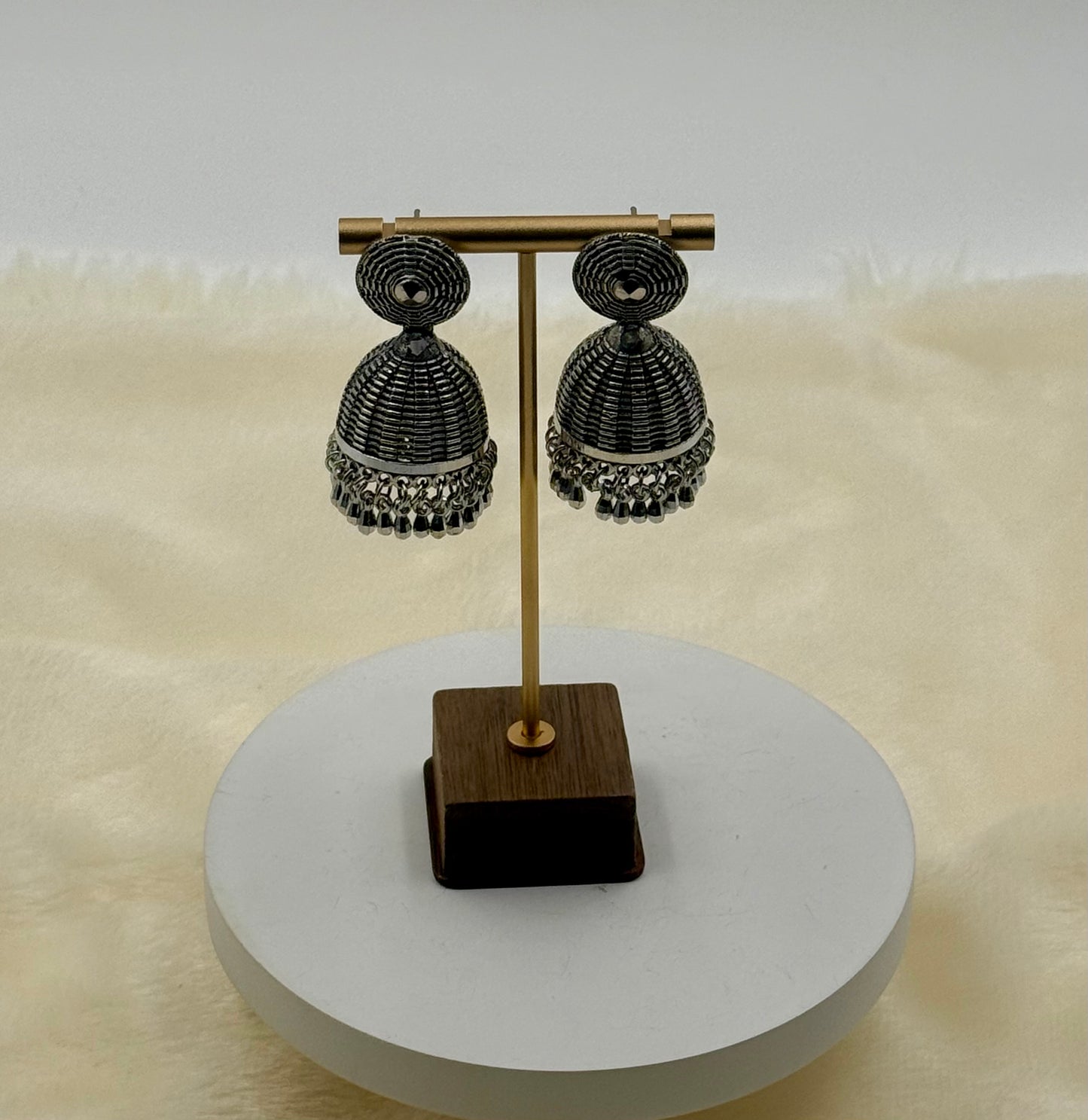 Oxidised Dome Jhumka Earrings with Black Crystal Beads