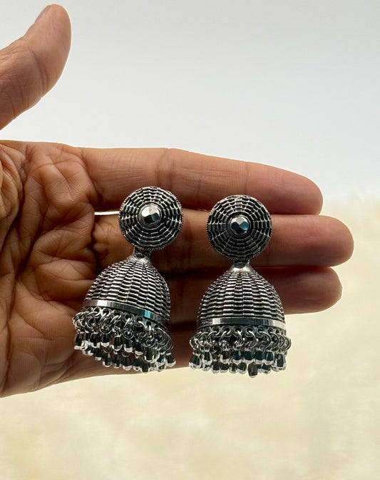 Oxidised Dome Jhumka Earrings with Black Crystal Beads
