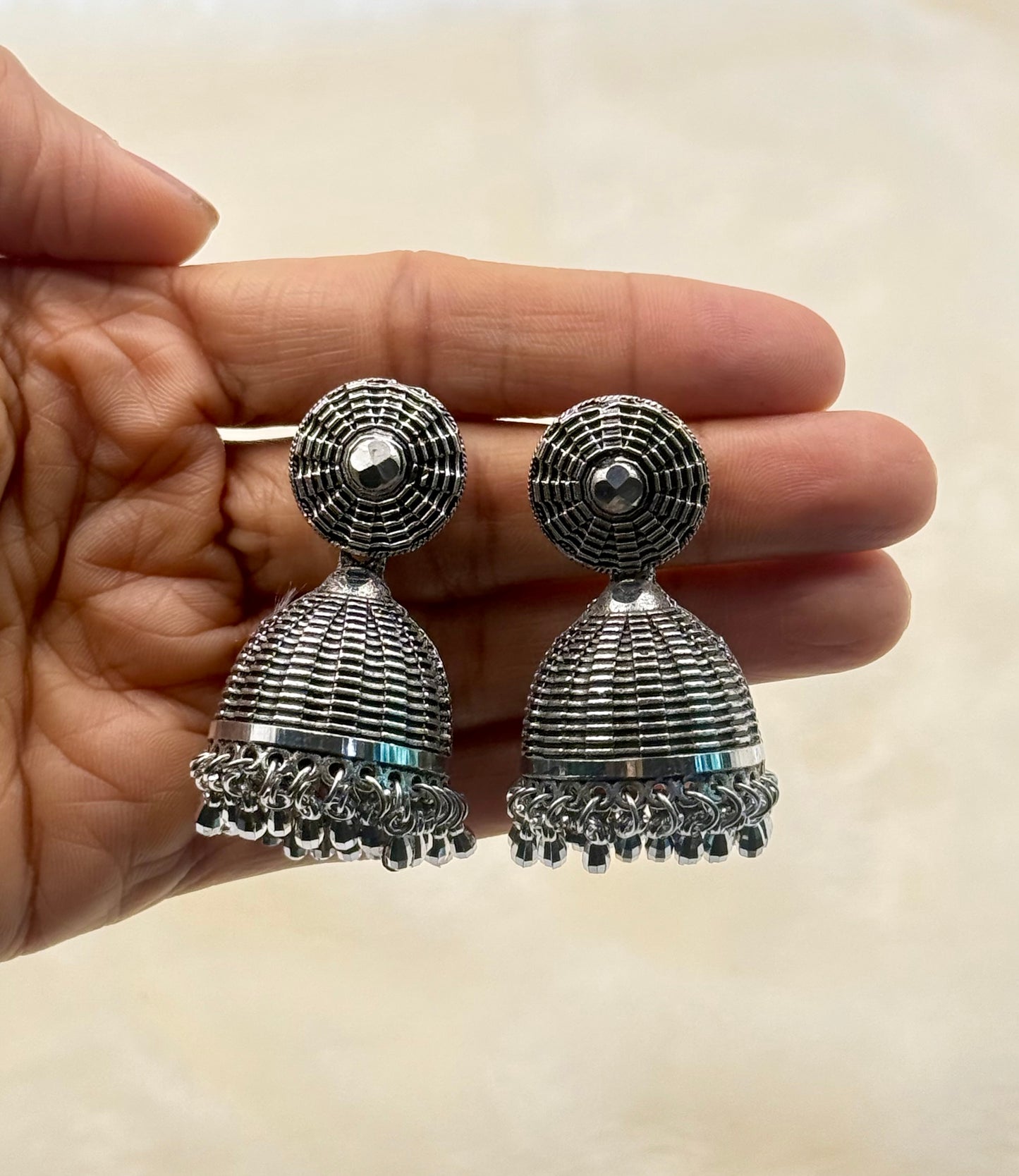 Oxidised Dome Jhumka Earrings with Black Crystal Beads