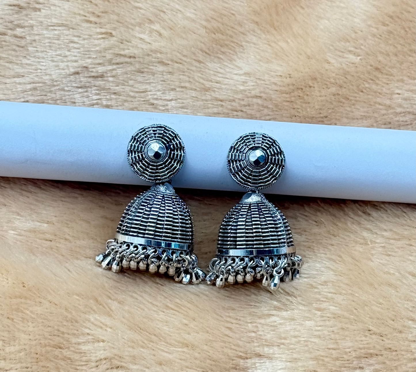 Oxidised Dome Jhumka Earrings with Black Crystal Beads