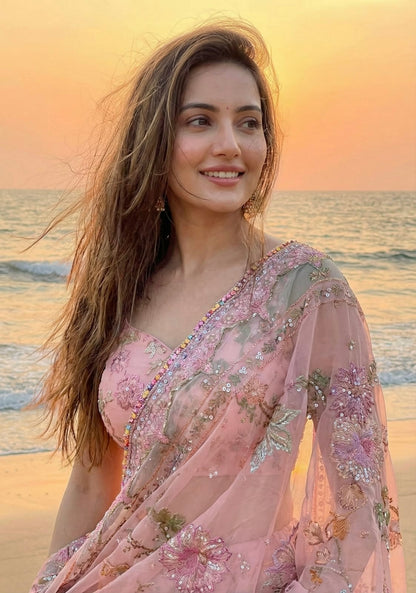 Blush Pink Designer Lehenga Set with Mirror & Sequin Embroidery