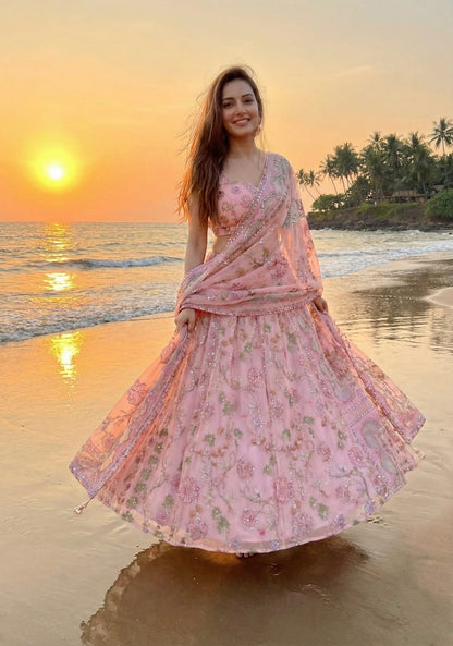 Blush Pink Designer Lehenga Set with Mirror & Sequin Embroidery