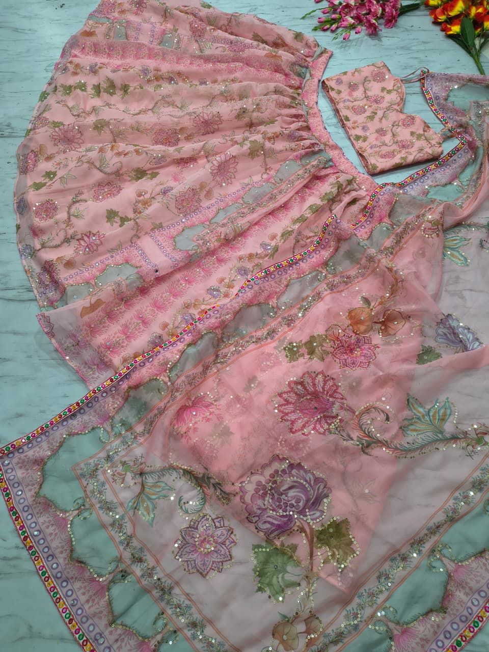 Blush Pink Designer Lehenga Set with Mirror & Sequin Embroidery