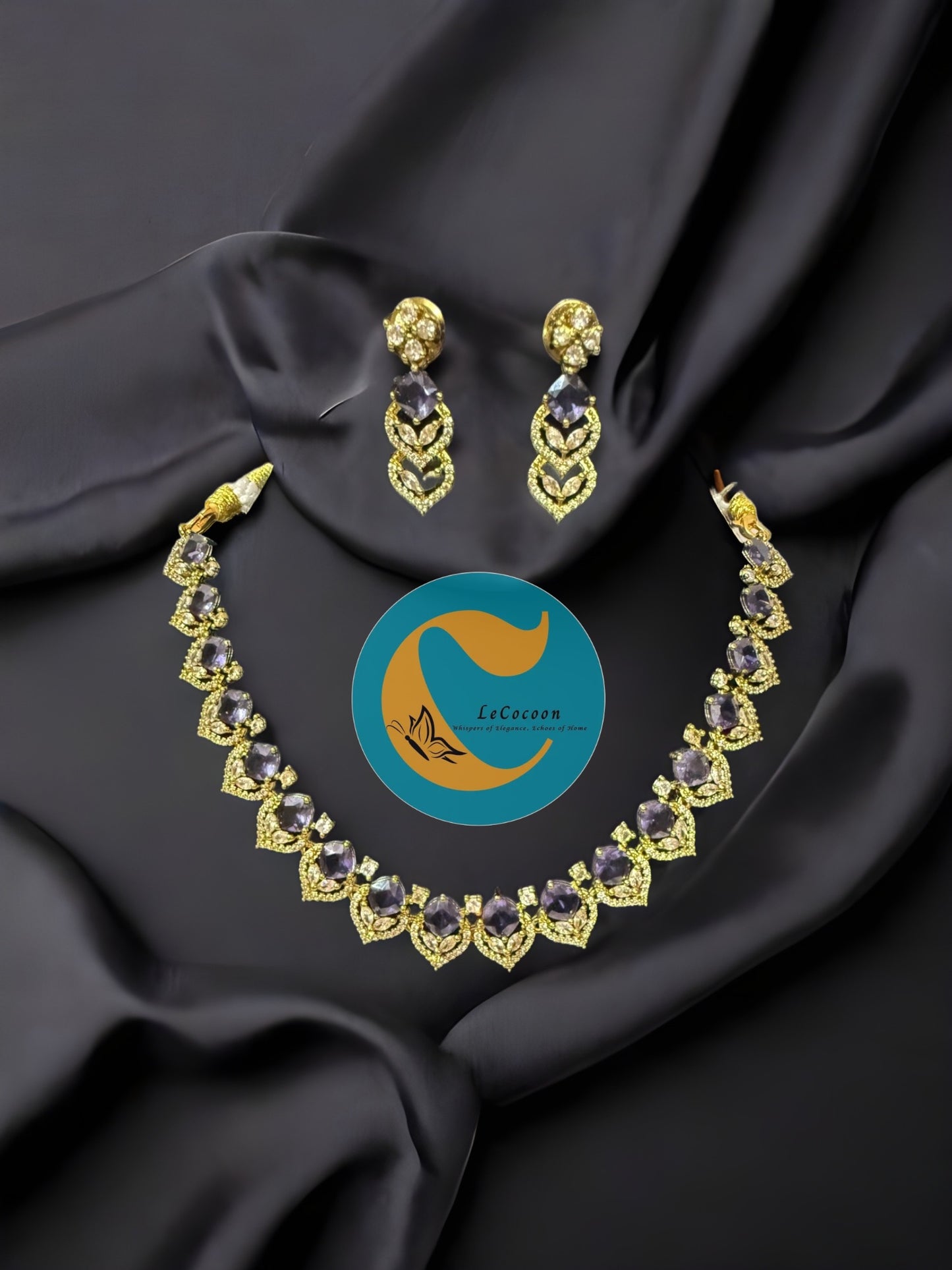 Lavender Purple American Diamond Necklace Set with Earrings