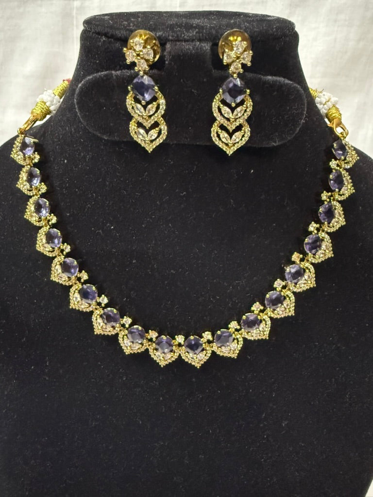 Lavender Purple American Diamond Necklace Set with Earrings