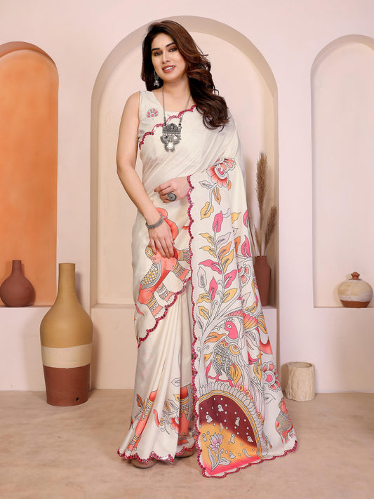 Kalamkari Mirror-Border Manipuri Silk Saree