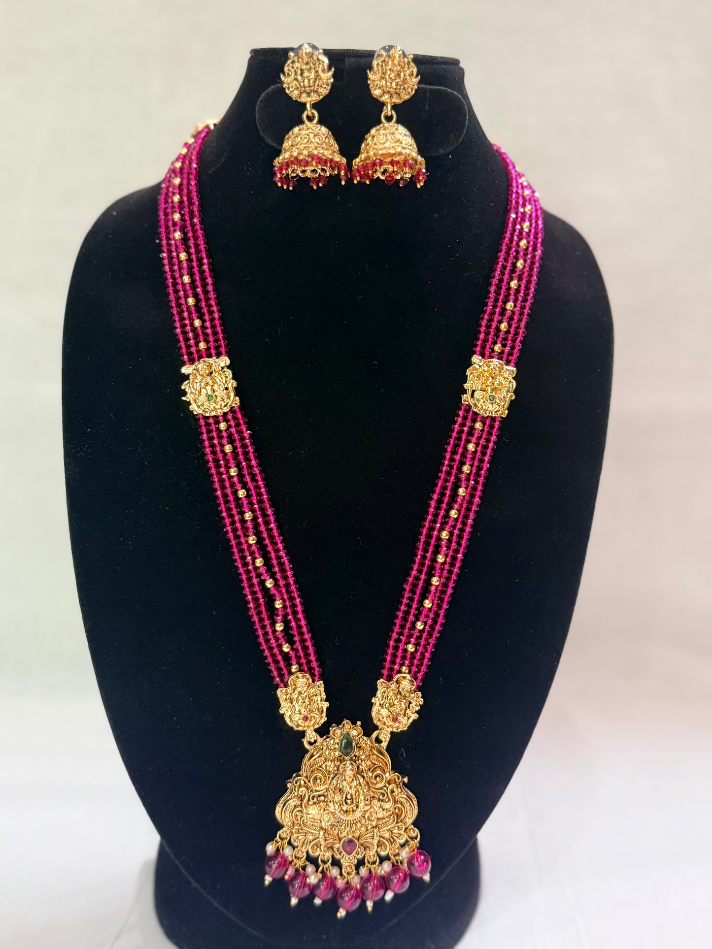 Magenta Bead Lakshmi Temple Haaram Set