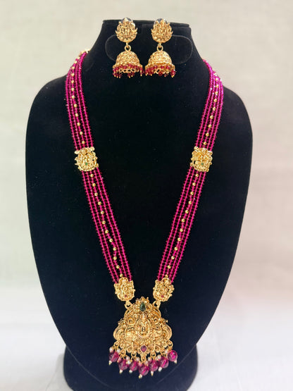 Magenta Bead Lakshmi Temple Haaram Set