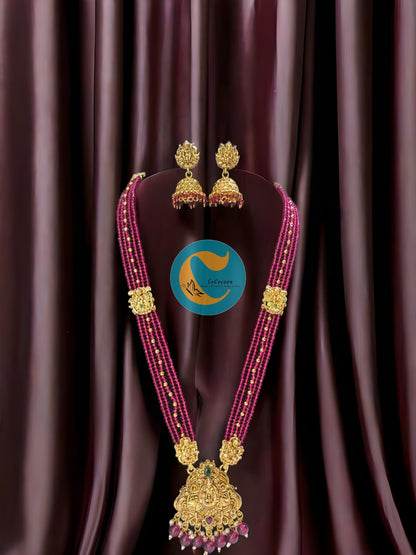 Magenta Bead Lakshmi Temple Haaram Set