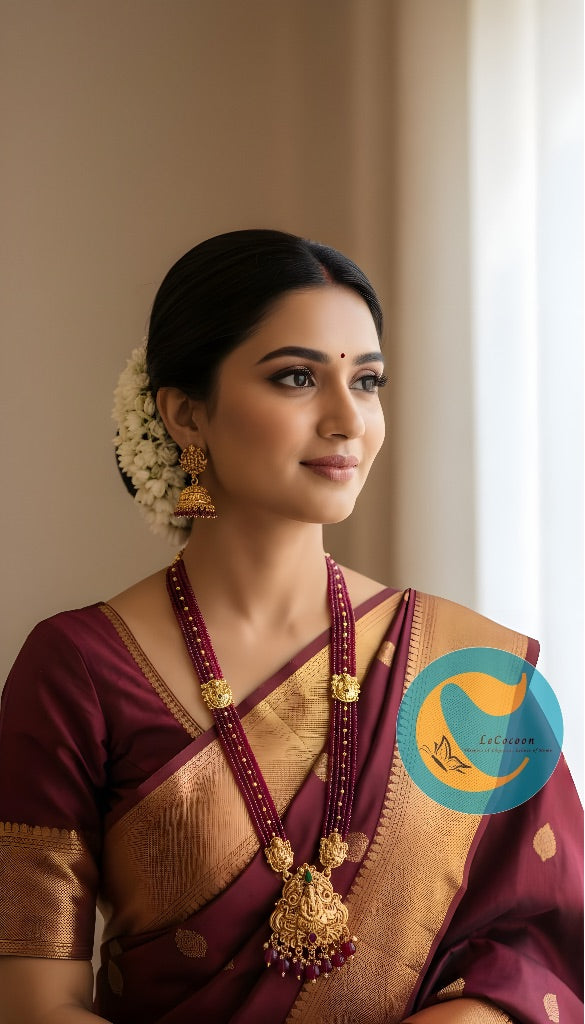 Magenta Bead Lakshmi Temple Haaram Set