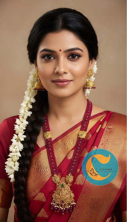 Magenta Bead Lakshmi Temple Haaram Set