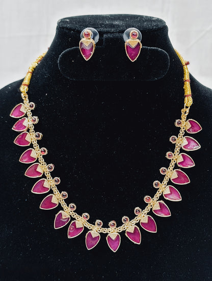 Elegant Leaf Maroon Motif Necklace Set with Matching Earrings