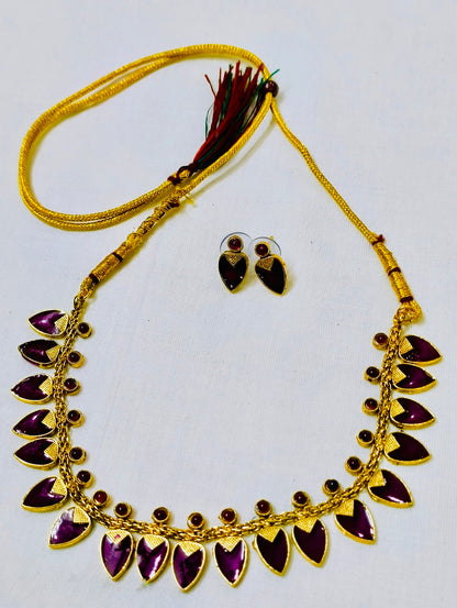 Elegant Leaf Maroon Motif Necklace Set with Matching Earrings