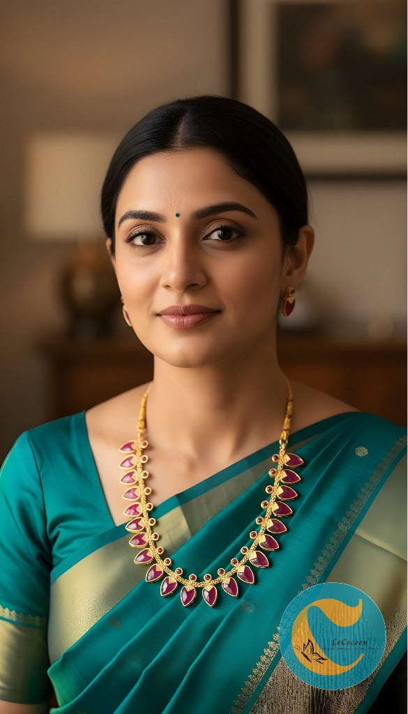 Elegant Leaf Maroon Motif Necklace Set with Matching Earrings