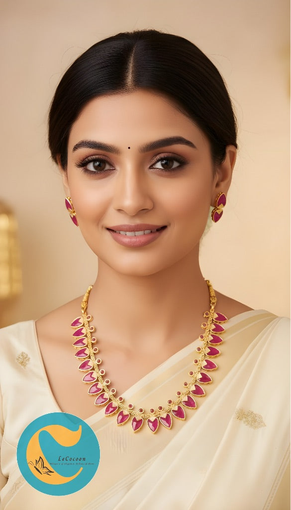 Elegant Leaf Maroon Motif Necklace Set with Matching Earrings