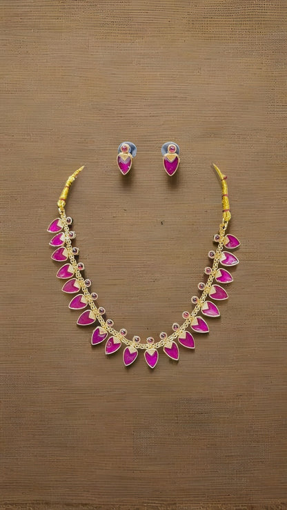 Elegant Leaf Maroon Motif Necklace Set with Matching Earrings