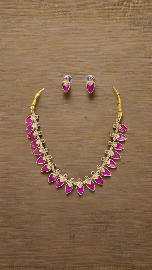 Elegant Leaf Maroon Motif Necklace Set with Matching Earrings