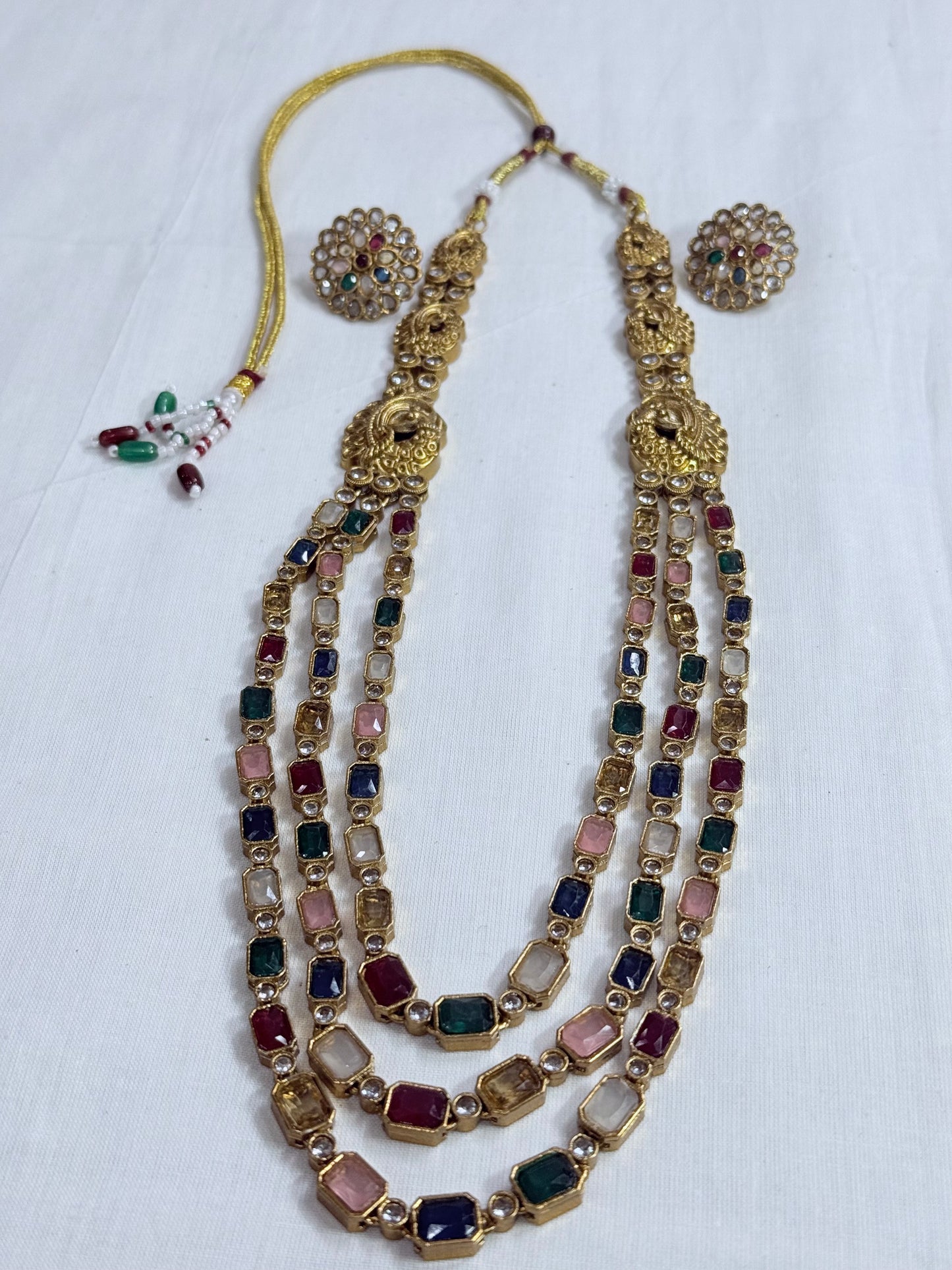 Traditional Kundan Long Layered Necklace Set with Earrings MultiColour