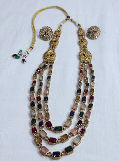 Traditional Kundan Long Layered Necklace Set with Earrings MultiColour