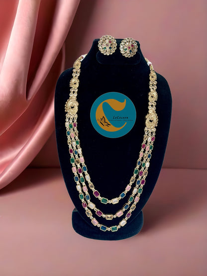 Traditional Kundan Long Layered Necklace Set with Earrings MultiColour