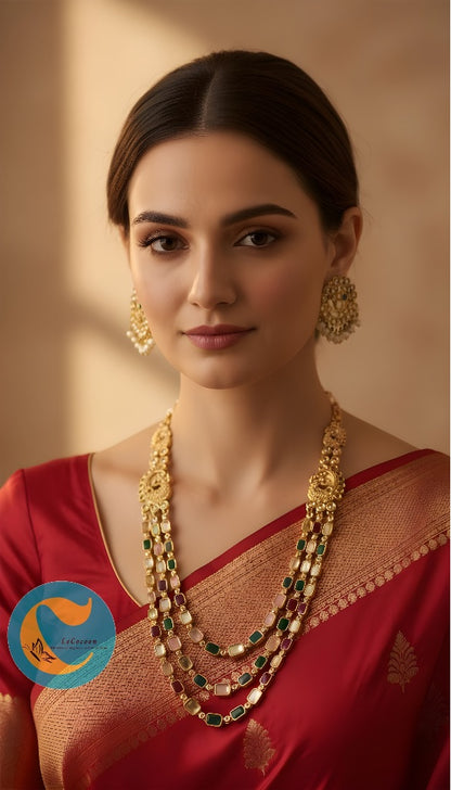 Traditional Kundan Long Layered Necklace Set with Earrings MultiColour