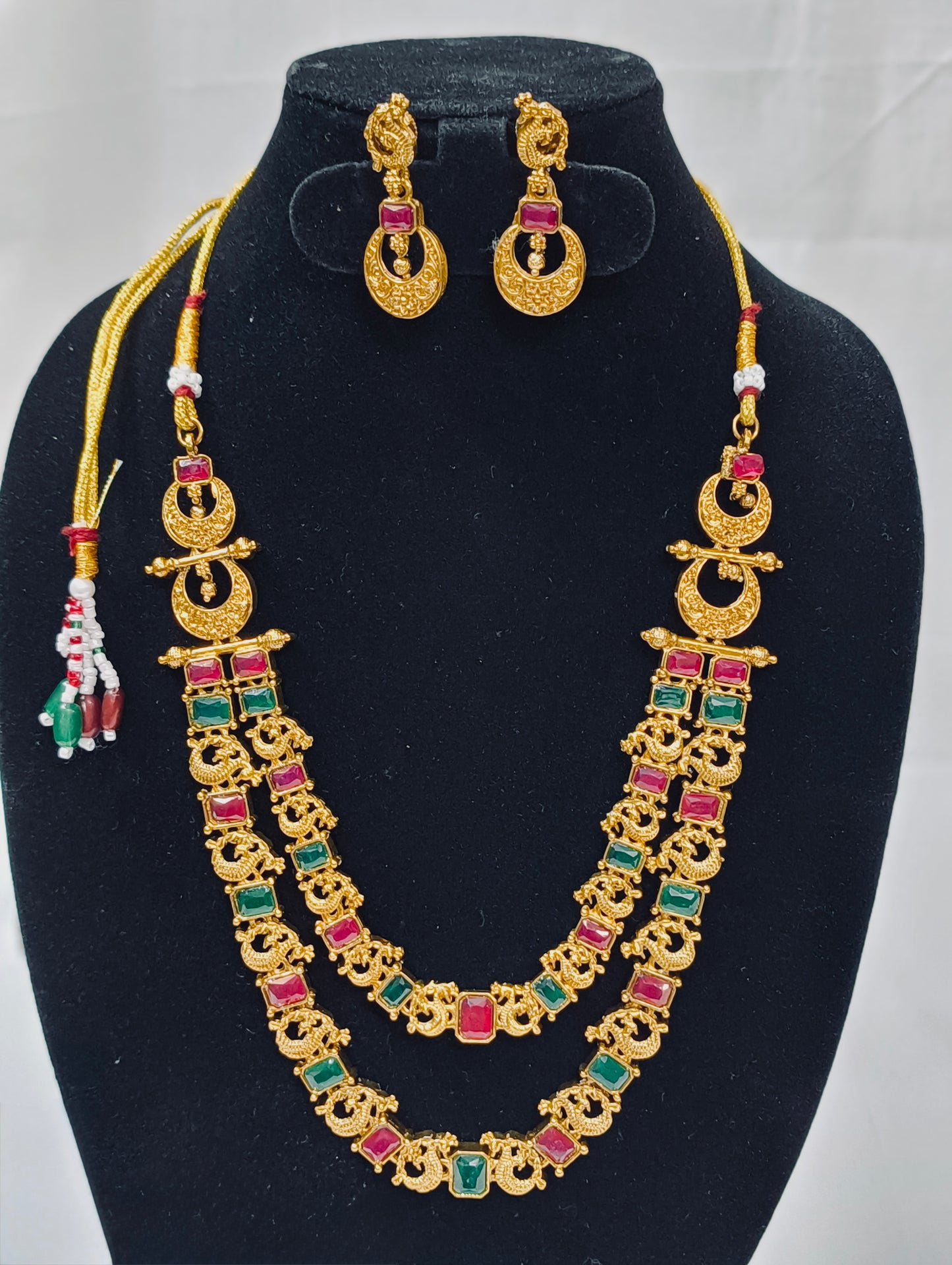 Ruby-Green Dual Tone Kemp Double Layer Necklace Set