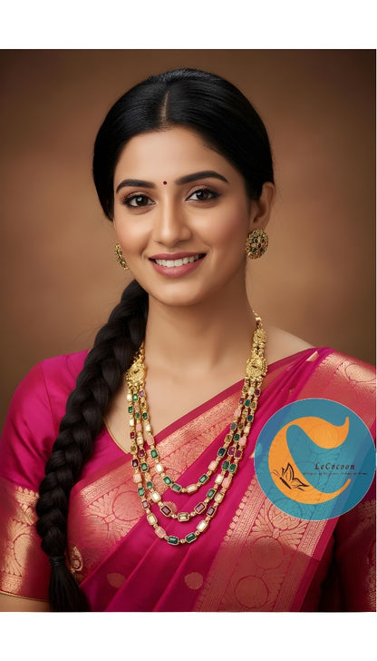 Traditional Kundan Long Layered Necklace Set with Earrings MultiColour